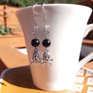 Obsidian Stone Skull Dangle Earrings